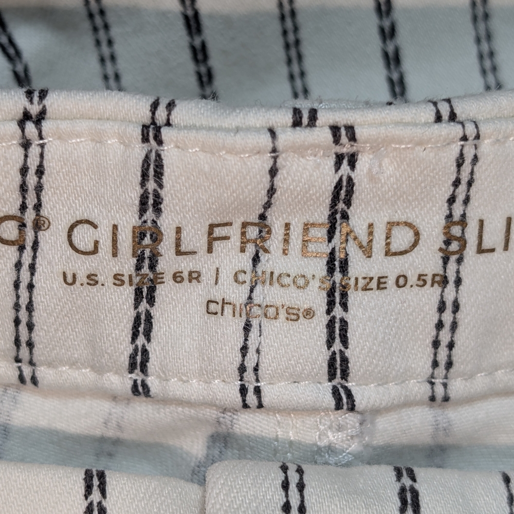 Chico's sz 6 So Slimming Girlfriend Slim Leg Ankle Jeans Pinstripe Off White - Picture 5 of 6